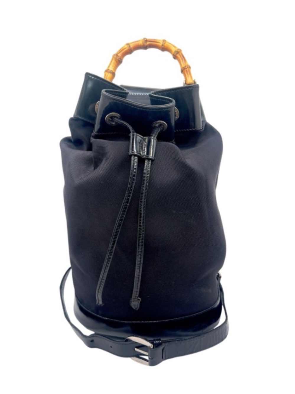 Rare GUCCI Authentic Black Drawstring Sling Bag Leather Nylon With Bamboo Handle